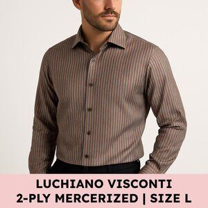 🧡 Luchiano Visconti 2-Ply Mercerized Cotton Button-Down, Herringbone Stripe (L)